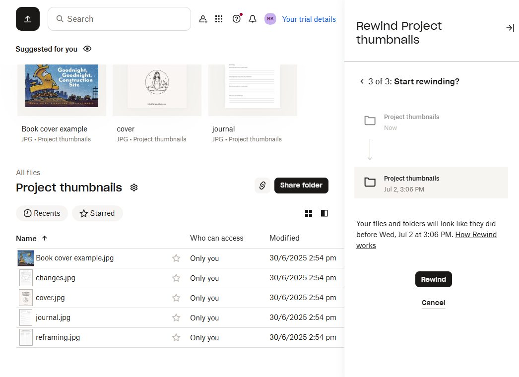 The Rewind option in Dropbox