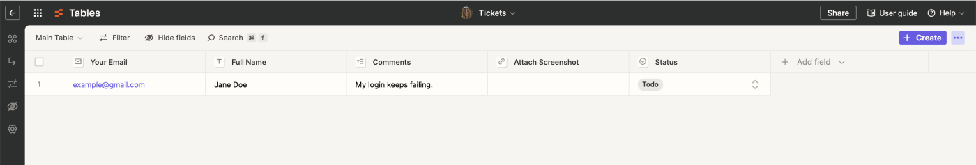 Screenshot of table layout with test data filled in