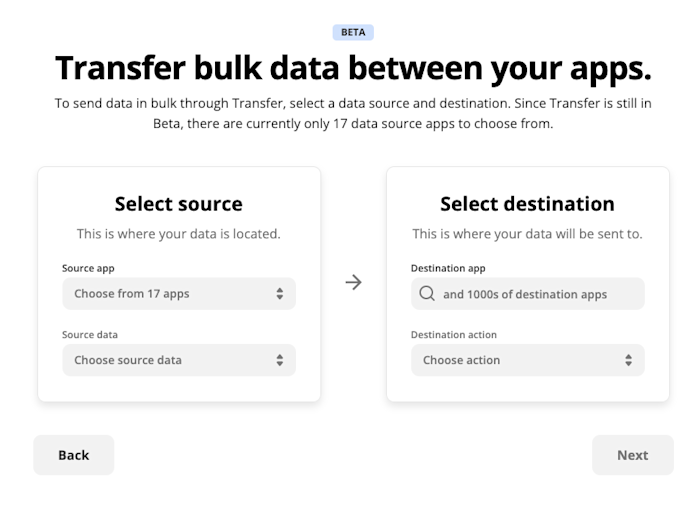 The app selection screen in Transfer. The user will be prompted to select a source and destination.