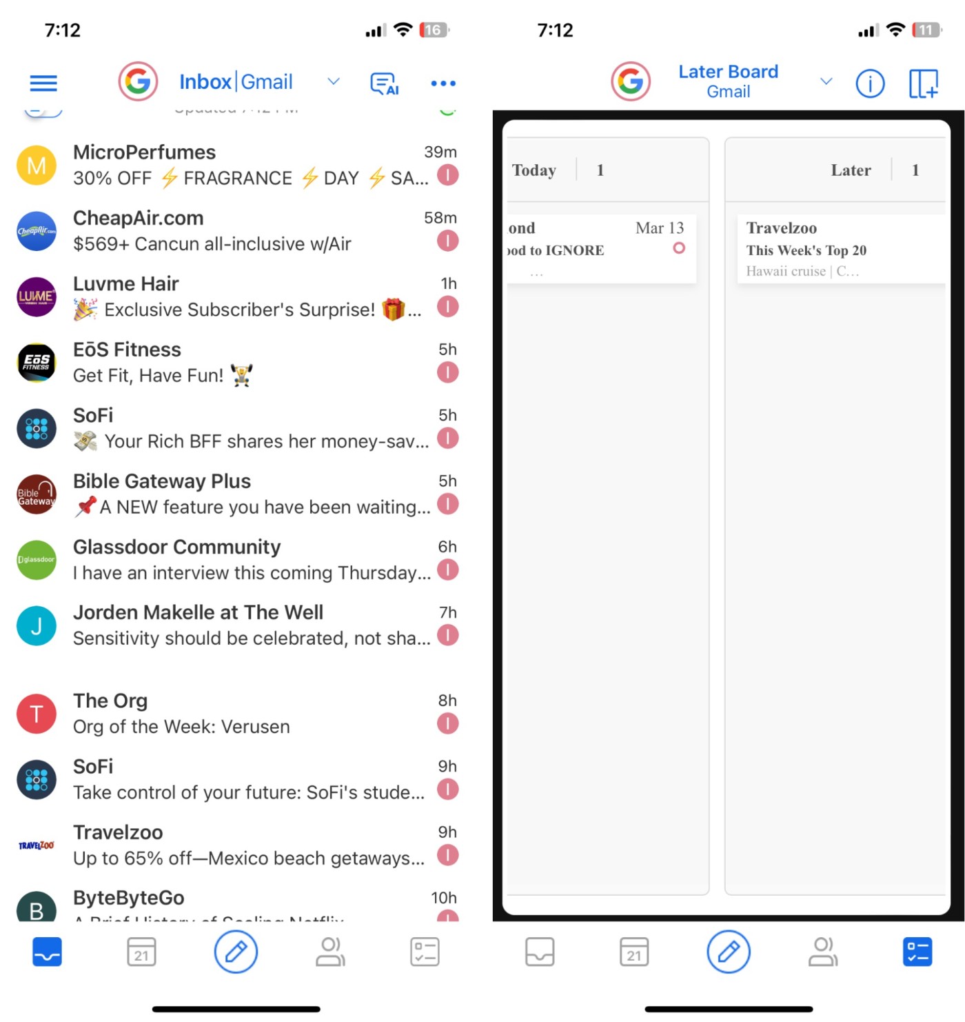 BlueMail, our pick for the best iPhone email app for organization