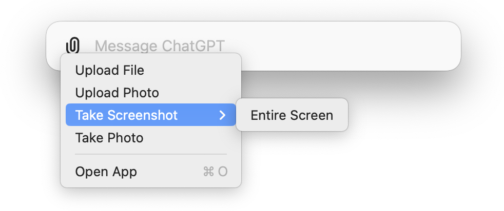 ChatGPT desktop launcher with an expanded view of the attachment options. 