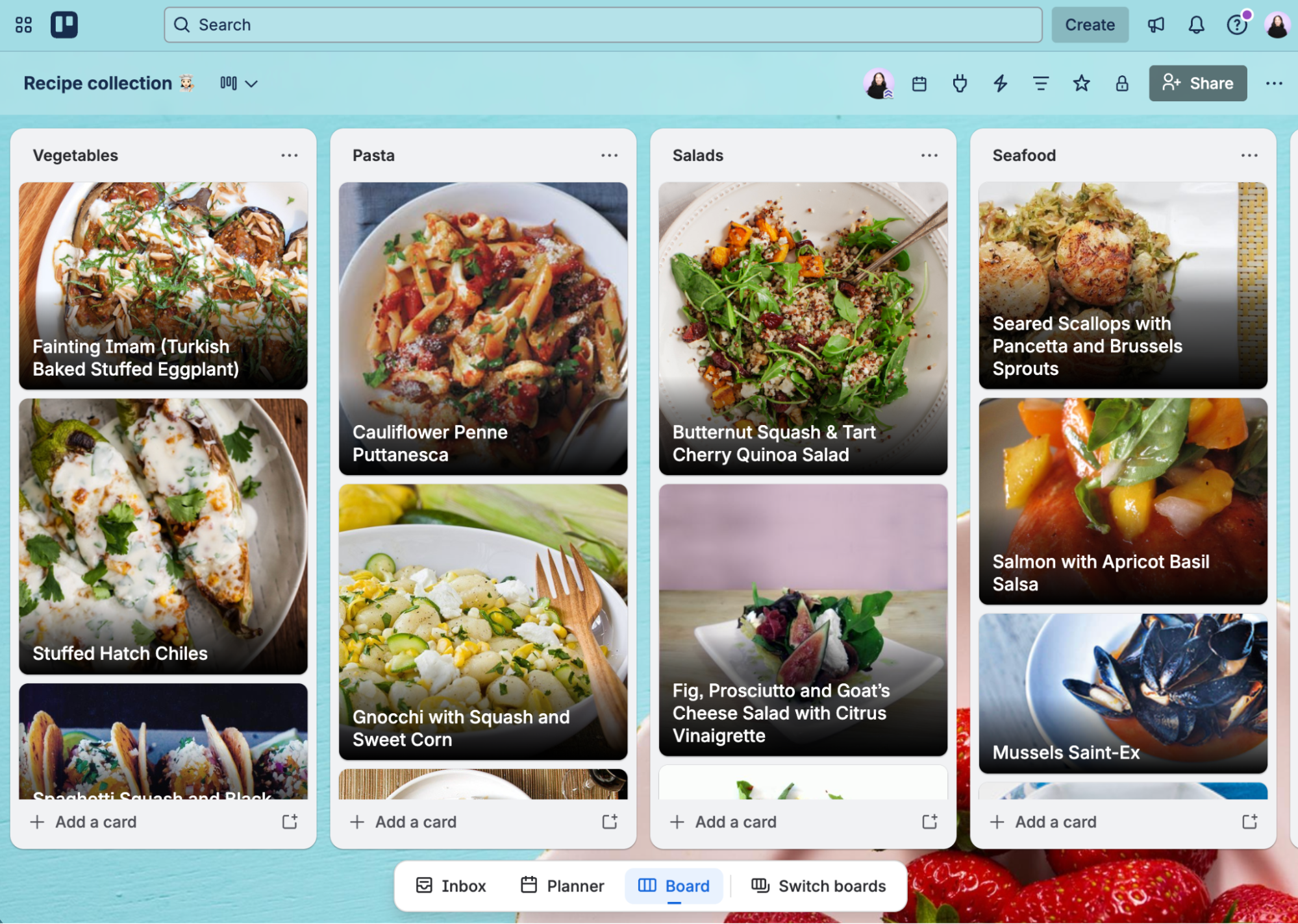 Trello board example for a recipe collection.