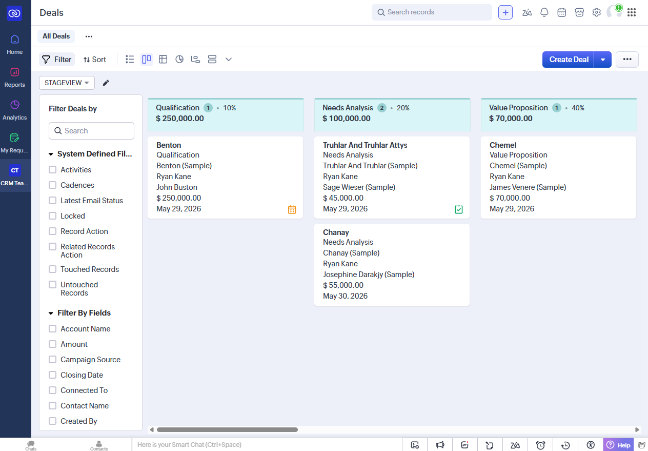 A Deals view in Zoho CRM