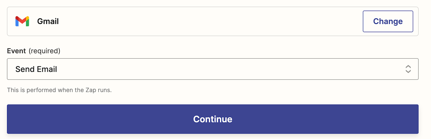 The red and white Gmail envelope app logo next to the text "Send Email in Gmail" with a blue button that reads "Continue" below.