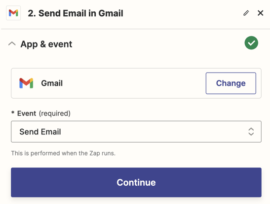 The red and white Gmail envelope app logo next to the text "Send Email in Gmail" with a blue button that reads "Continue" below.