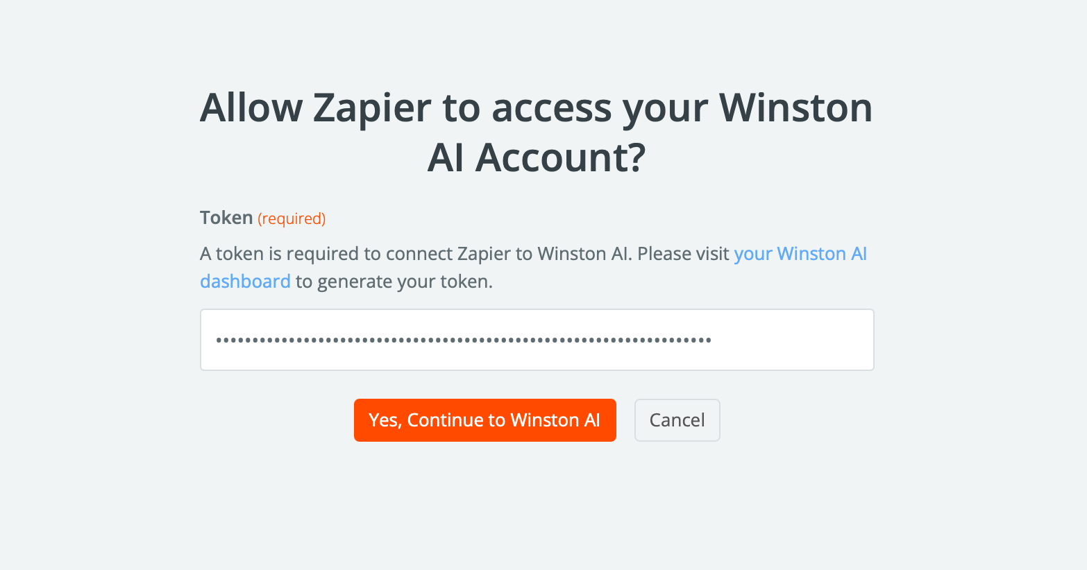 An authentication window asking the user to allow Zapier access to their Winston AI account, with a field to enter a token and buttons to continue or cancel.