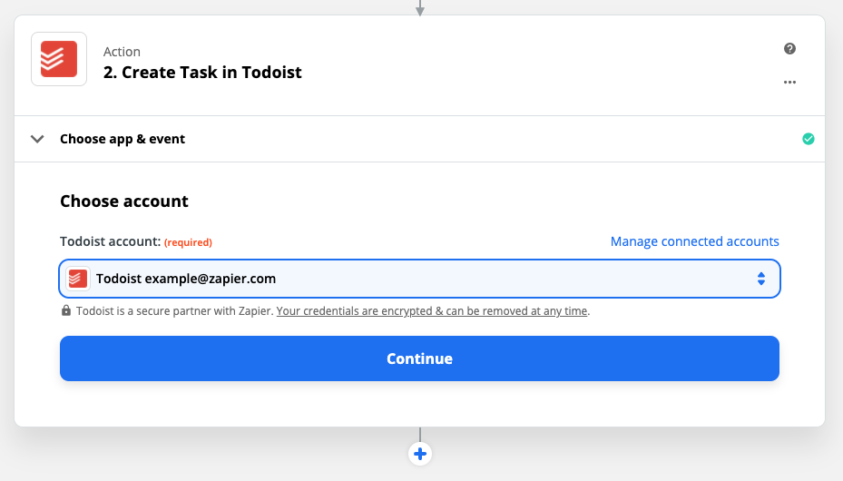 Zap Action set-up: Create task in Todoist: Choose todoist account