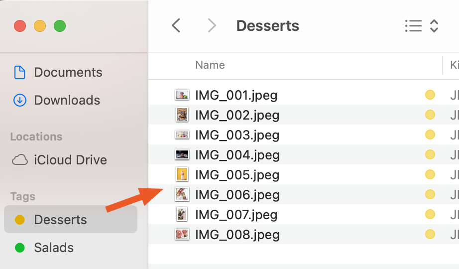 Portion of a Mac Finder window which all files tagged with a "Desserts" label.