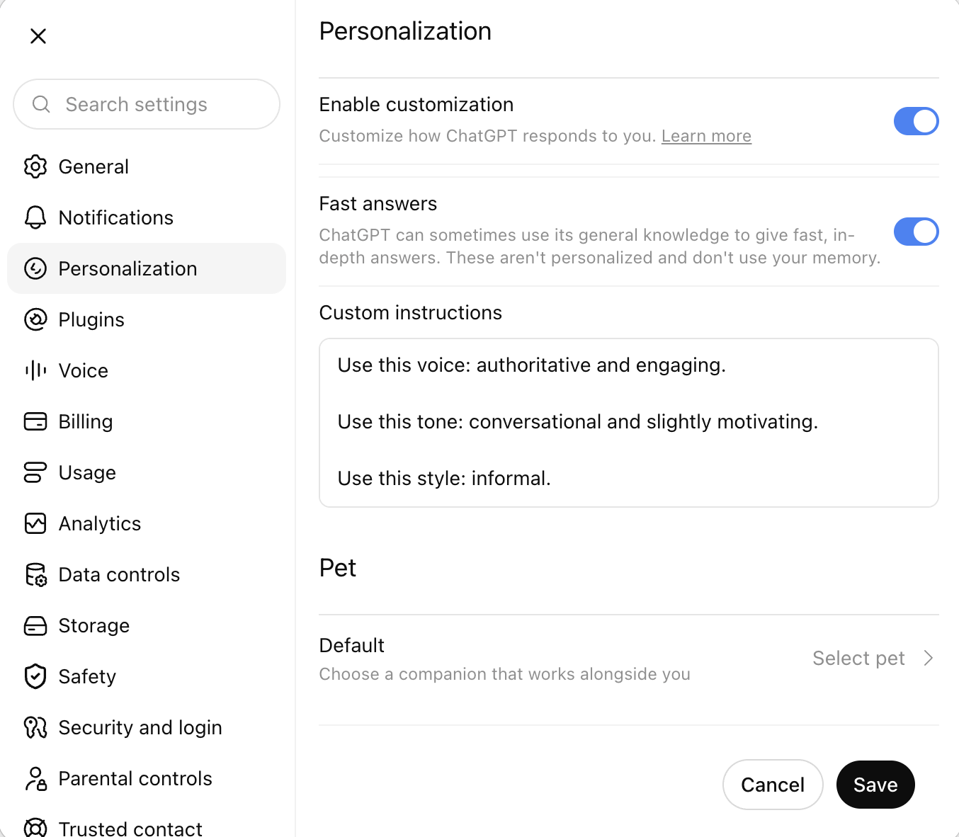 ChatGPT personalization settings window with custom instructions enabled.