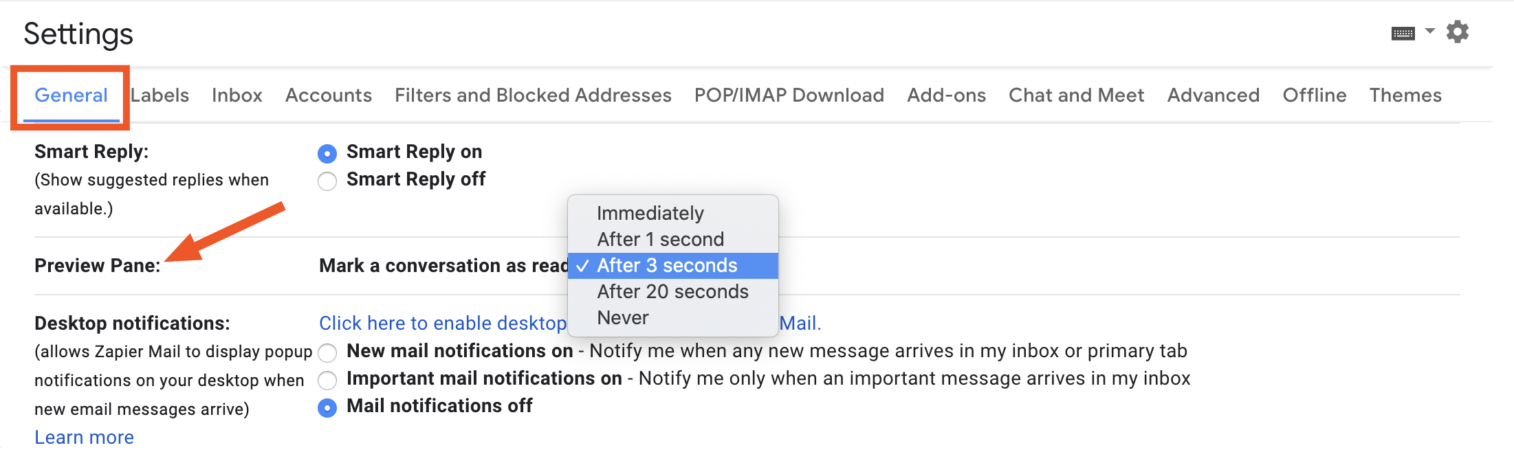 Select how long you want to hover on an email before it