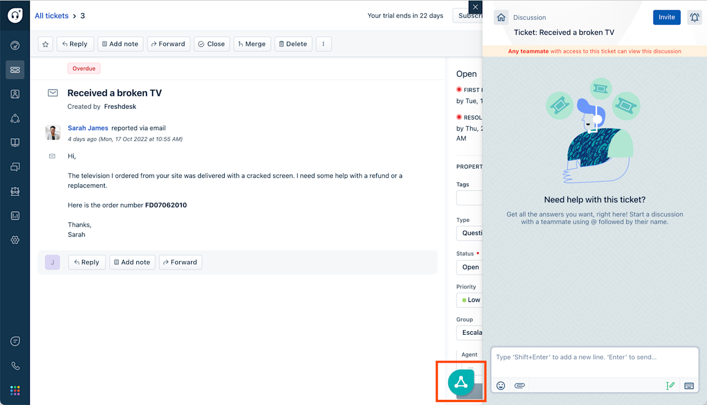 Sample customer ticket in Freshdesk with a Freshchat pop-out window for discussing the displayed ticket on the right. The Freshchat icon appears on the bottom-left side of the pop-out window.