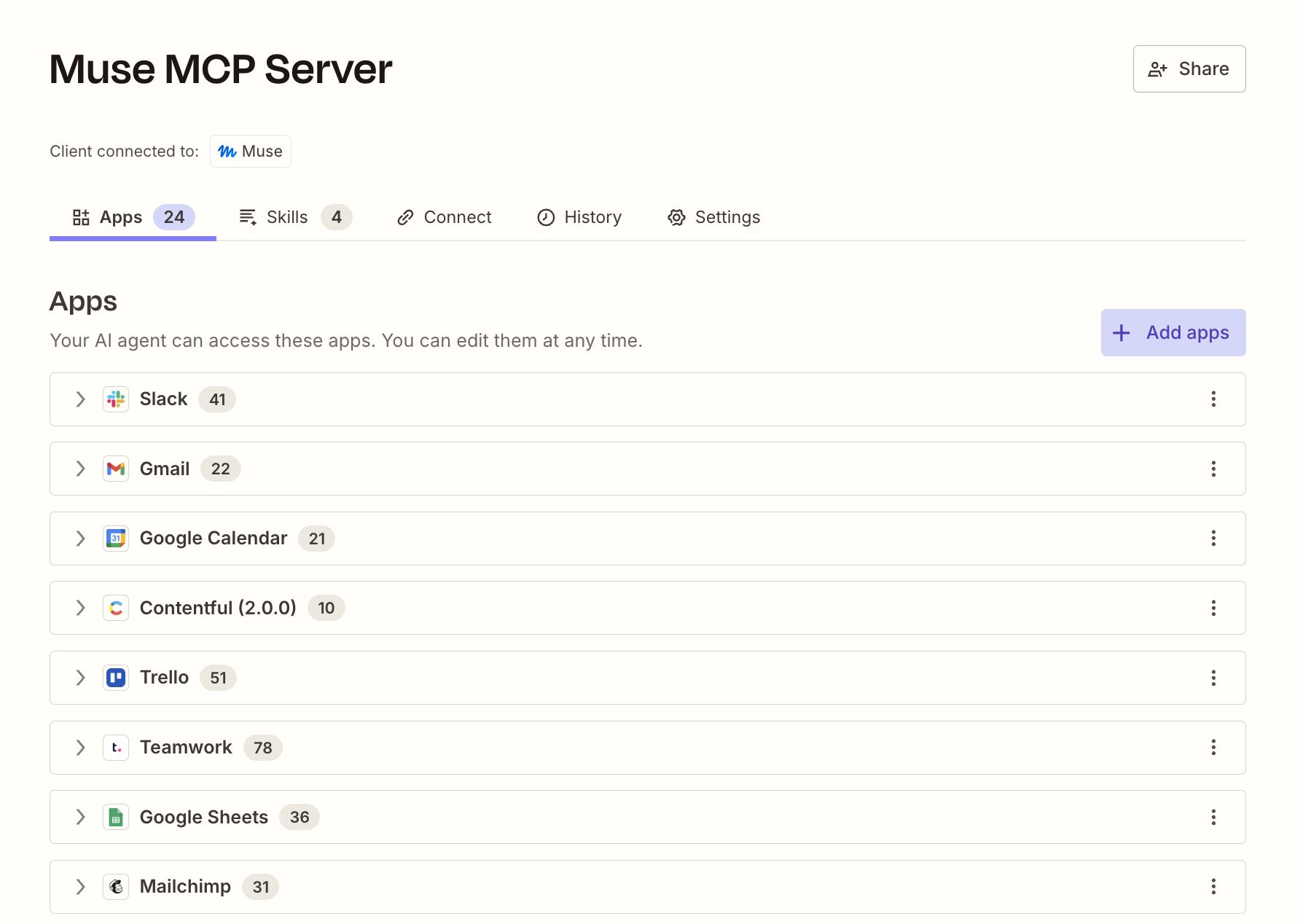 Muse MCP server settings in Zapier