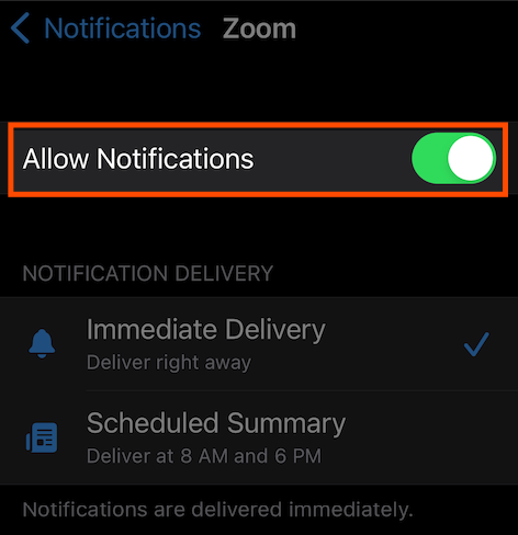 Tap the toggle to turn off notifications. 