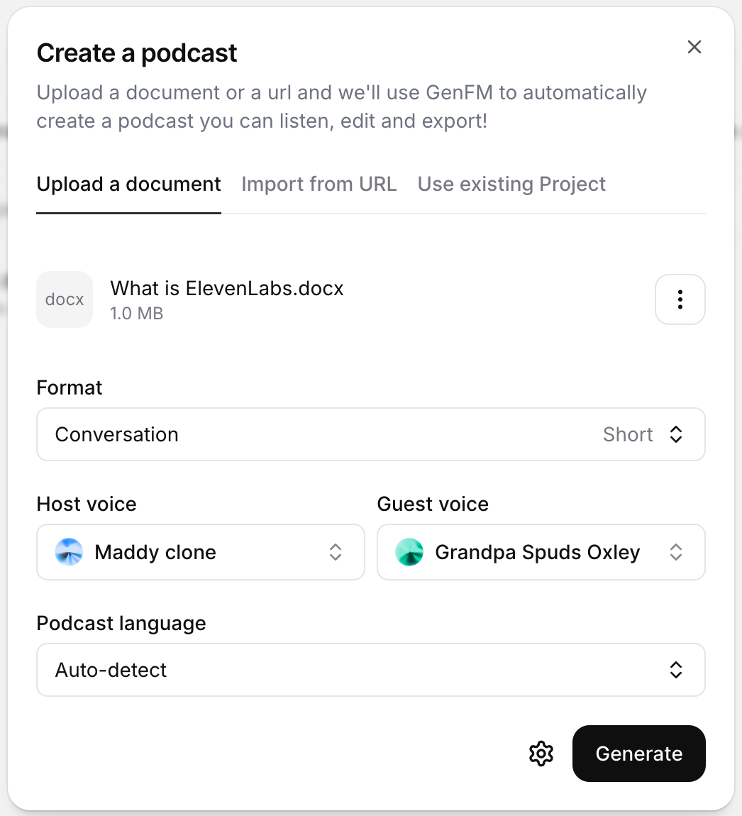 The format options for document to audio on ElevenLabs