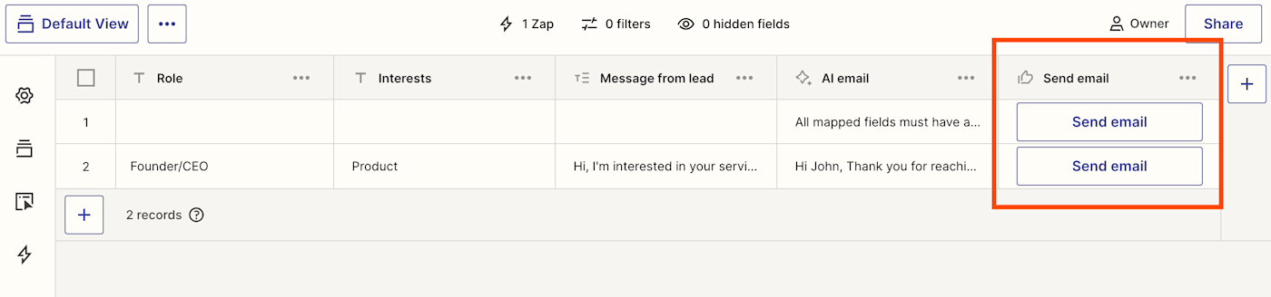 Screenshot of send email buttons