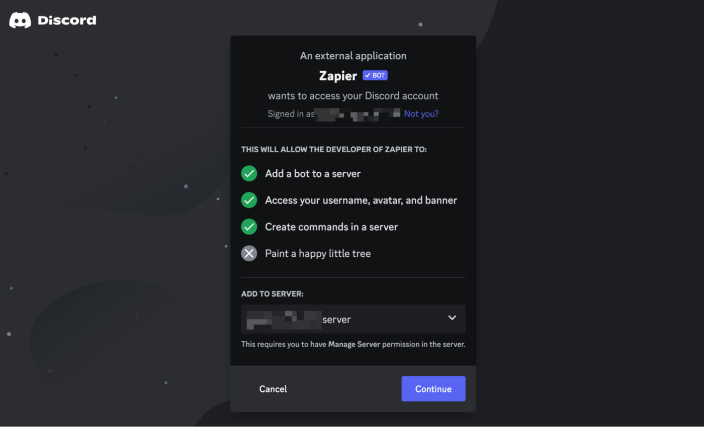 A Discord permissions pop-up with requests for different channel and account settings checked off with green checkmarks.