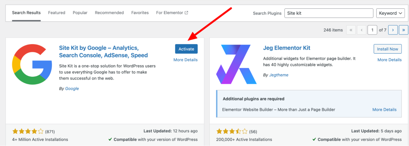 How to activate the Site Kit plugin in WordPress.