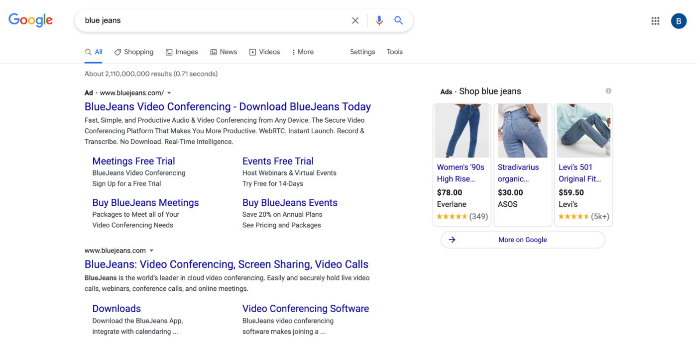 A screenshot of ads on a search engine results page