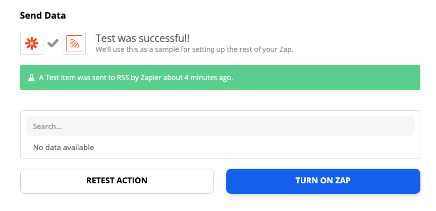 A screenshot of the Zap editor after the Zap has been tested with a success message.
