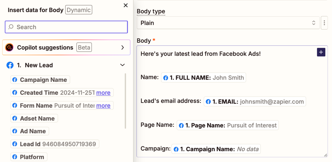 A cursor inside a field highlighted in blue with the text "Body" above and a dropdown menu below with the Facebook app logo next to data points.