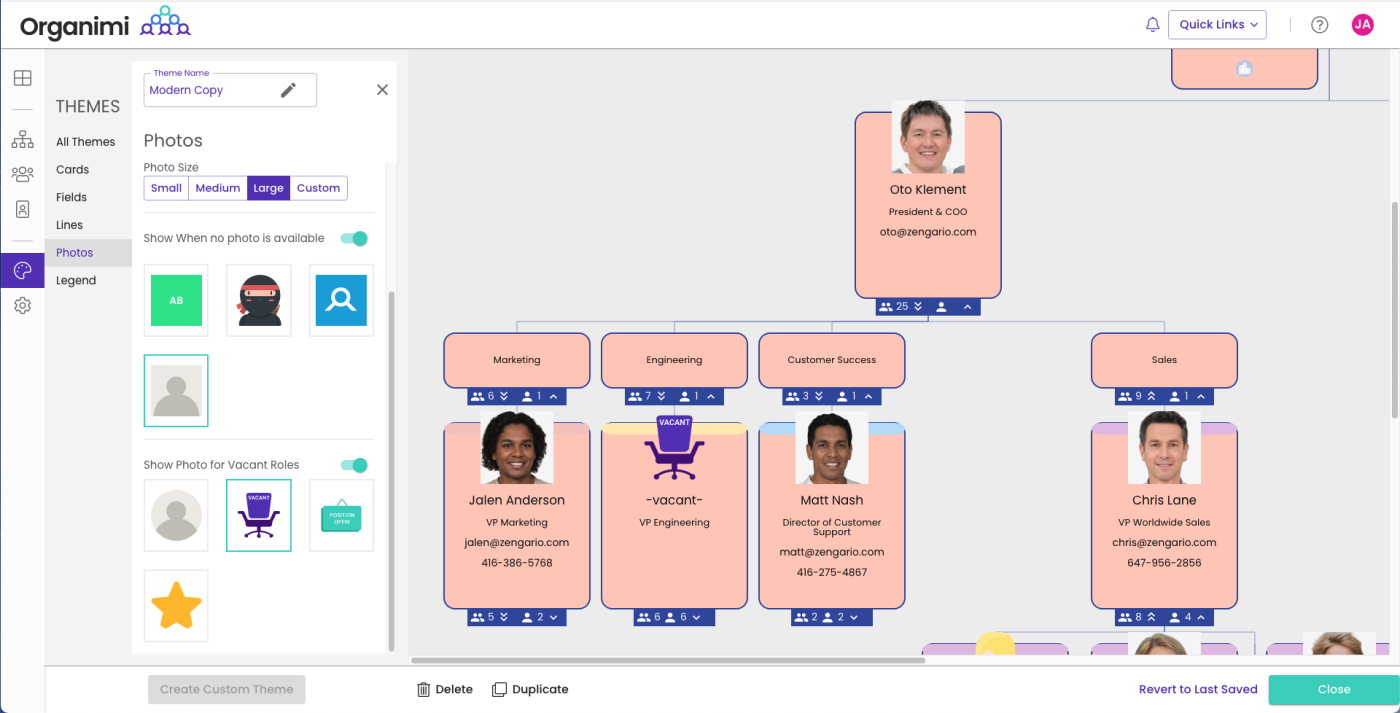Screenshot of Organimi org chart software interface with profile photos in an example org chart.