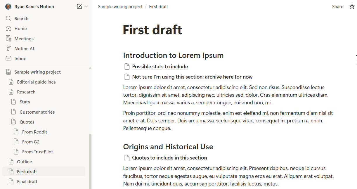 A first draft of a document written in Notion