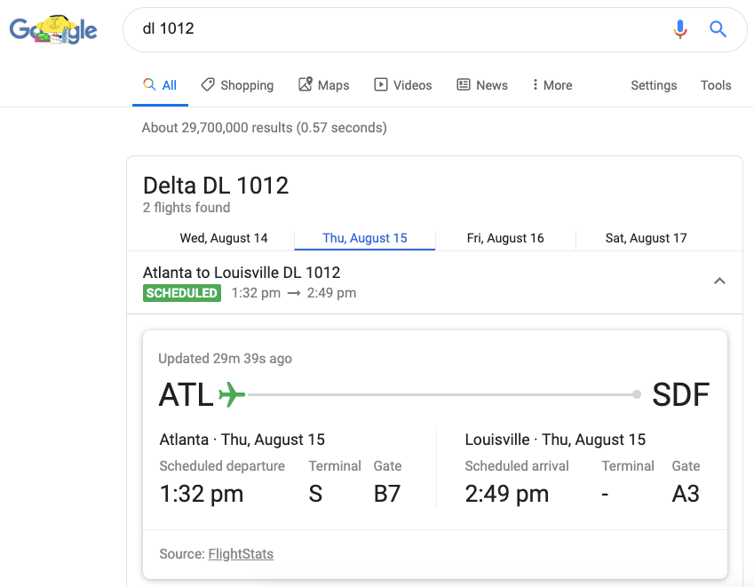 flight status in Google Search