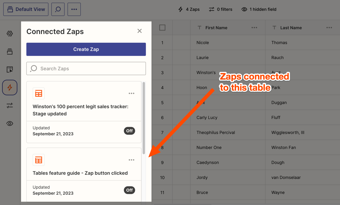 The Connected Zaps pane will show all Zaps connected to the table.