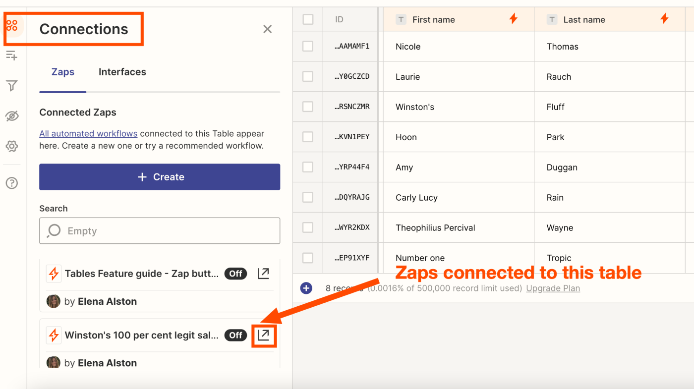 The Connected Zaps pane will show all Zaps connected to the table.
