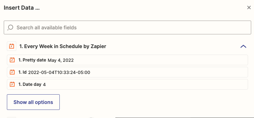 Field mapping within the Zap editor. A dropdown menu shows data from the Schedule trigger.