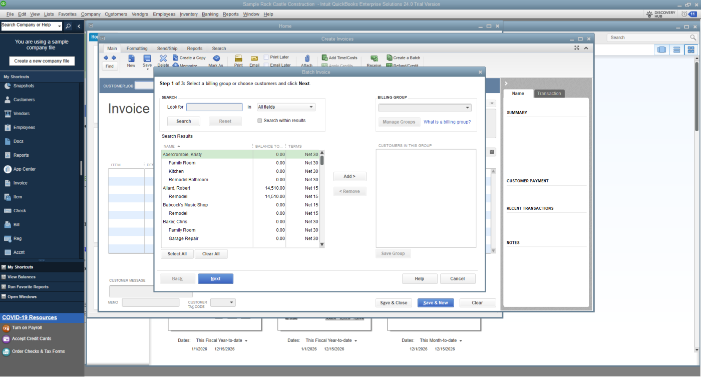 Screenshot of the writer's screen showing QuickBooks Desktop's batch invoicing feature