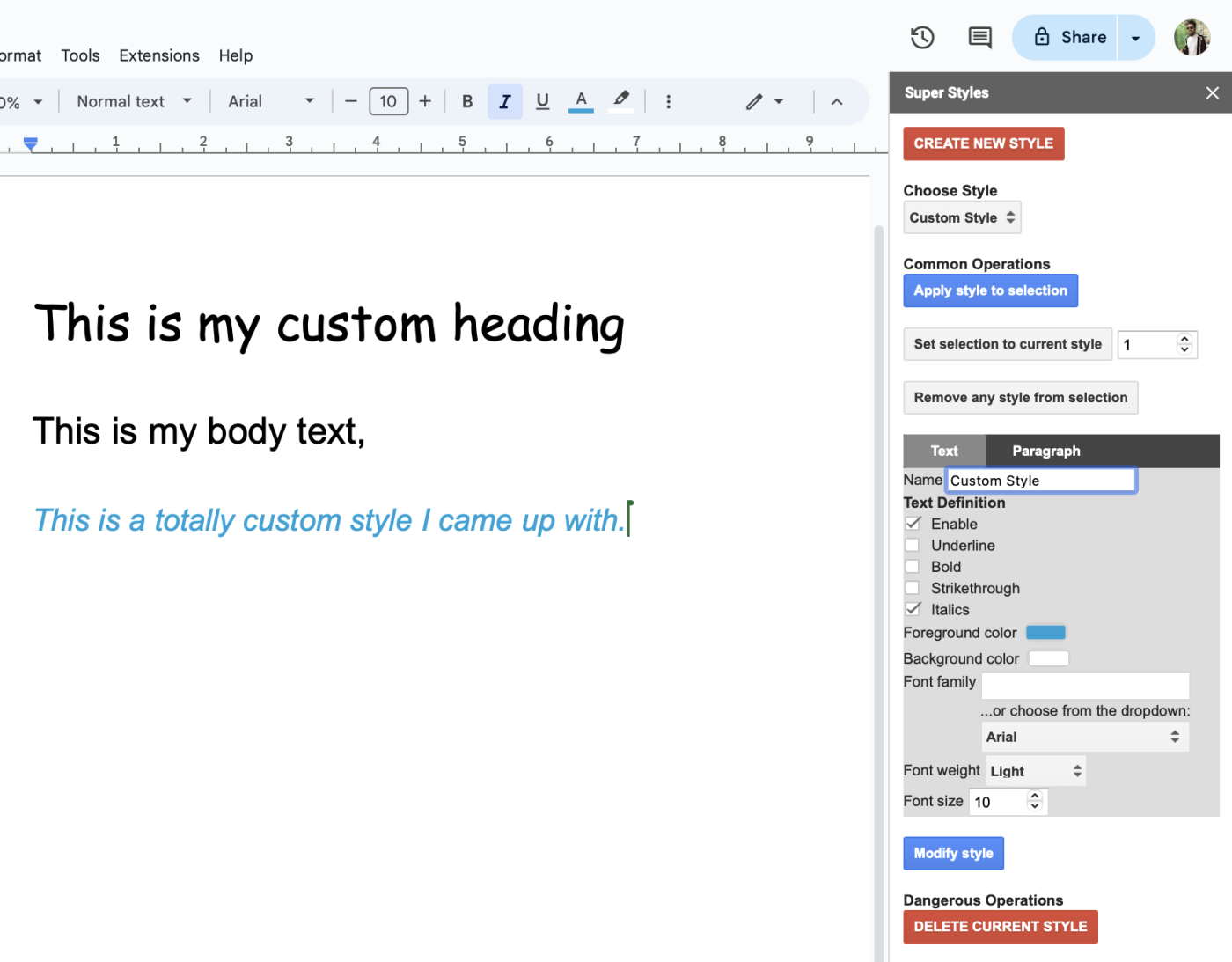 Google Doc with the Super Styles add-on in the side panel.