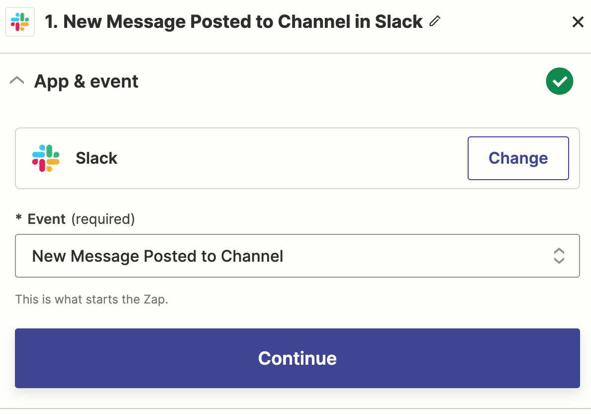 Screenshot of Slack actions in Zap editor