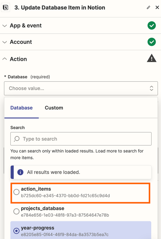 Screenshot of the Zap editor, setting up an action step by choosing the "action_items" database from the dropdown