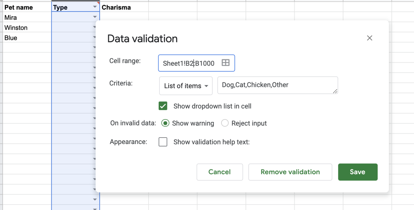 Entering a list of items into data validation