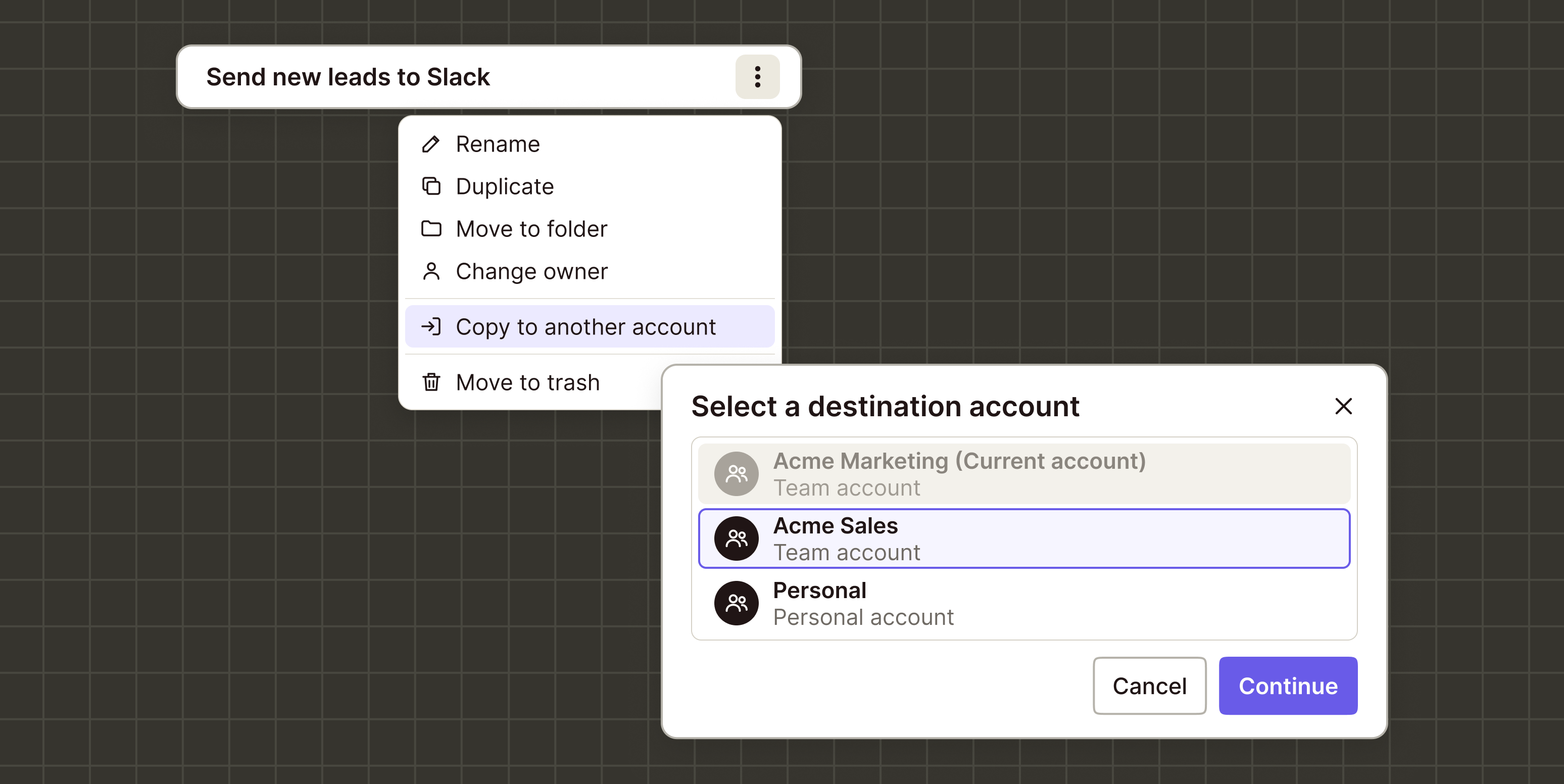 Illustration of a Zap row menu (Rename, Duplicate, Move to folder, Change owner, Copy to another account highlighted, Move to trash) overlapped by a destination dialog: Acme Marketing grayed, Acme Sales selected, Personal, Cancel, Continue.