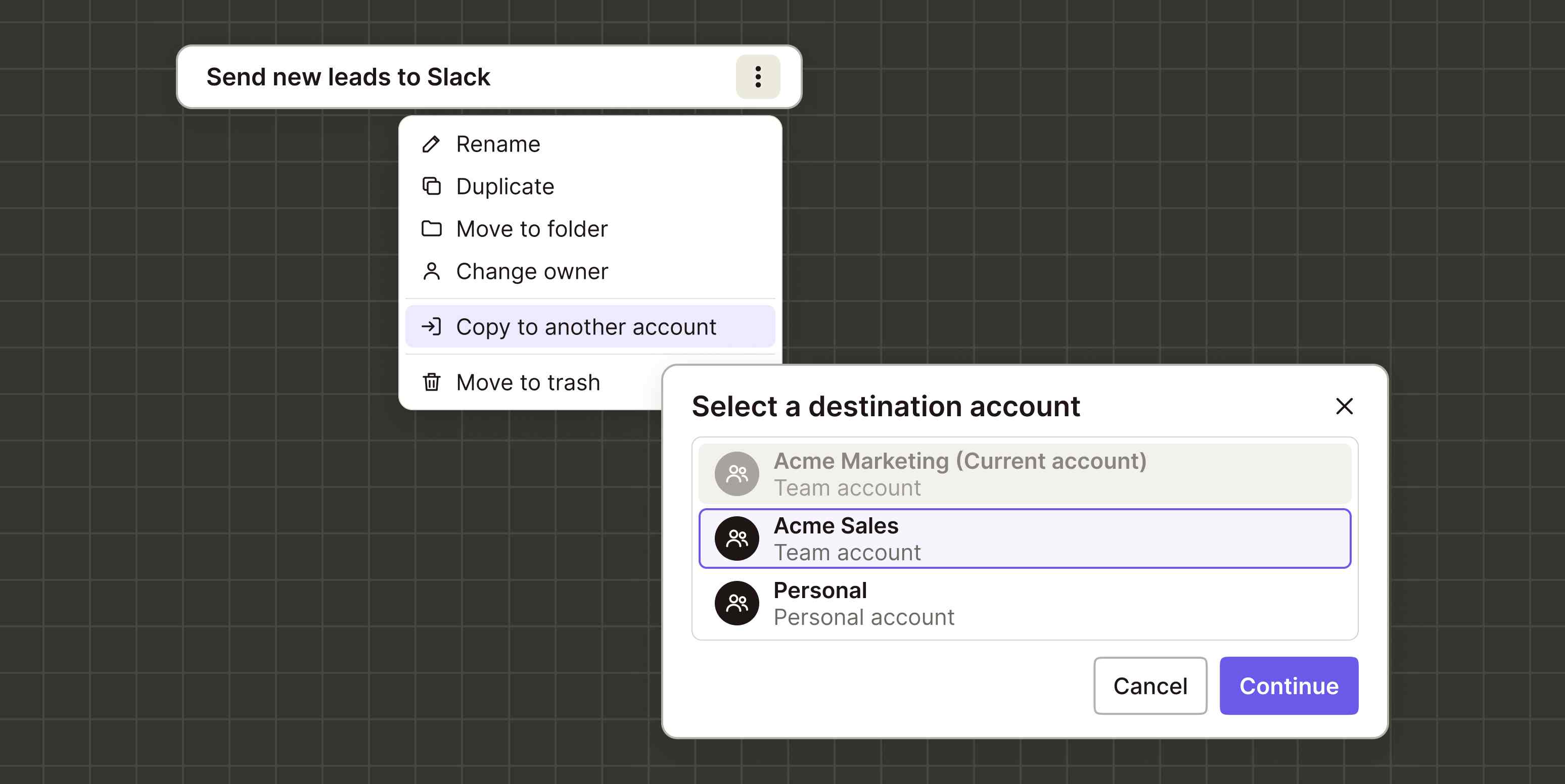 Illustration of a Zap row menu (Rename, Duplicate, Move to folder, Change owner, Copy to another account highlighted, Move to trash) overlapped by a destination dialog: Acme Marketing grayed, Acme Sales selected, Personal, Cancel, Continue.