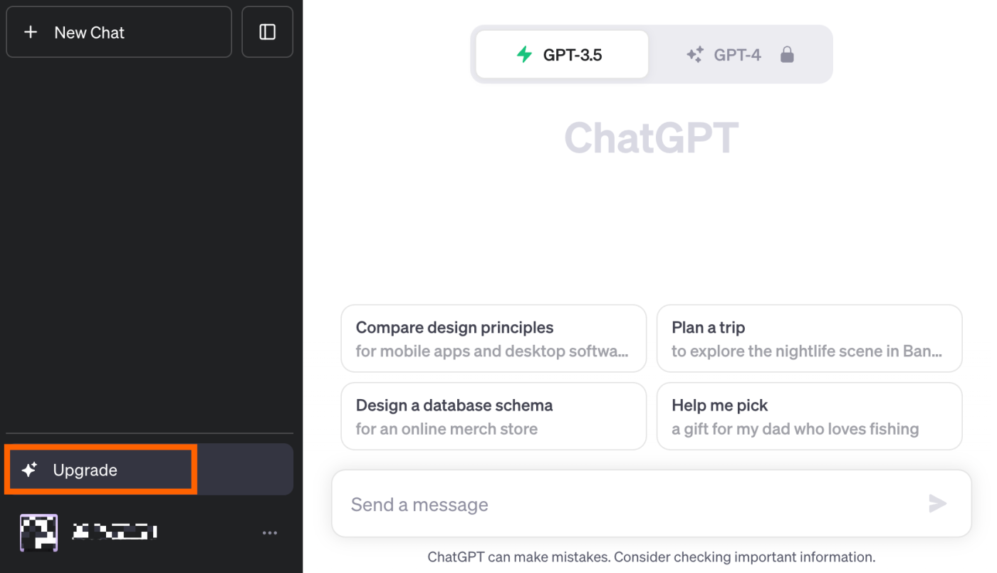 Upgrade account option in the side panel of the ChatGPT home page.