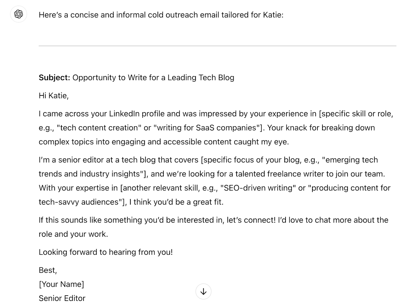 ChatGPT output for a LinkedIn prospecting email.  