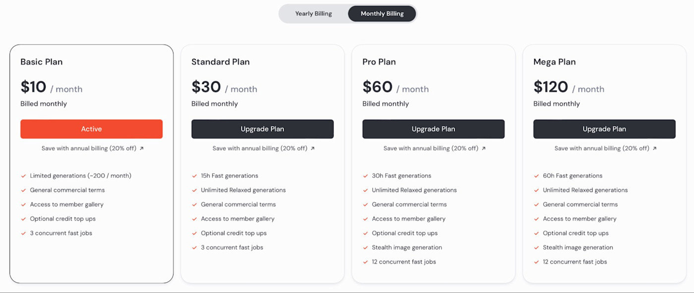 The Midjourney pricing page