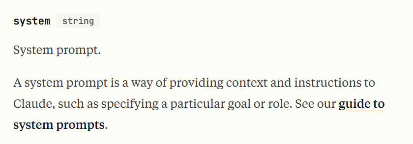 The "system" parameter in the Anthropic API documentation