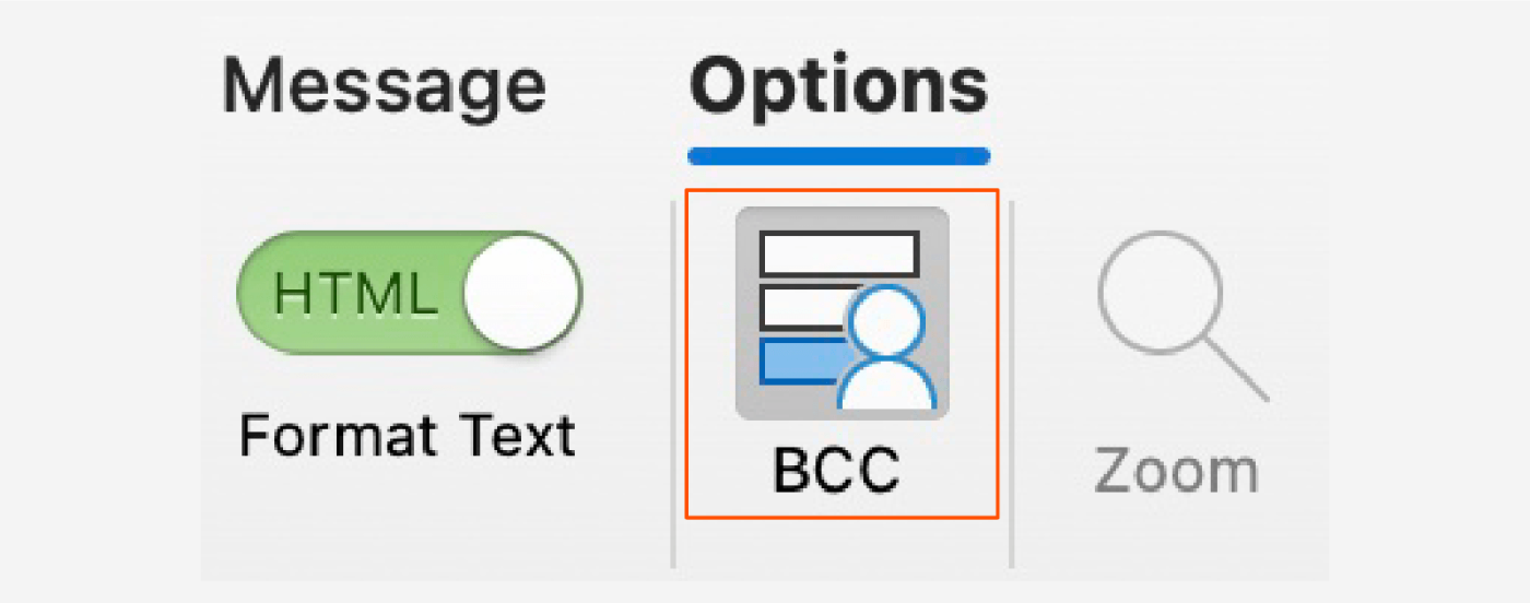 Screenshot showing where the BCC button is in Outlook.