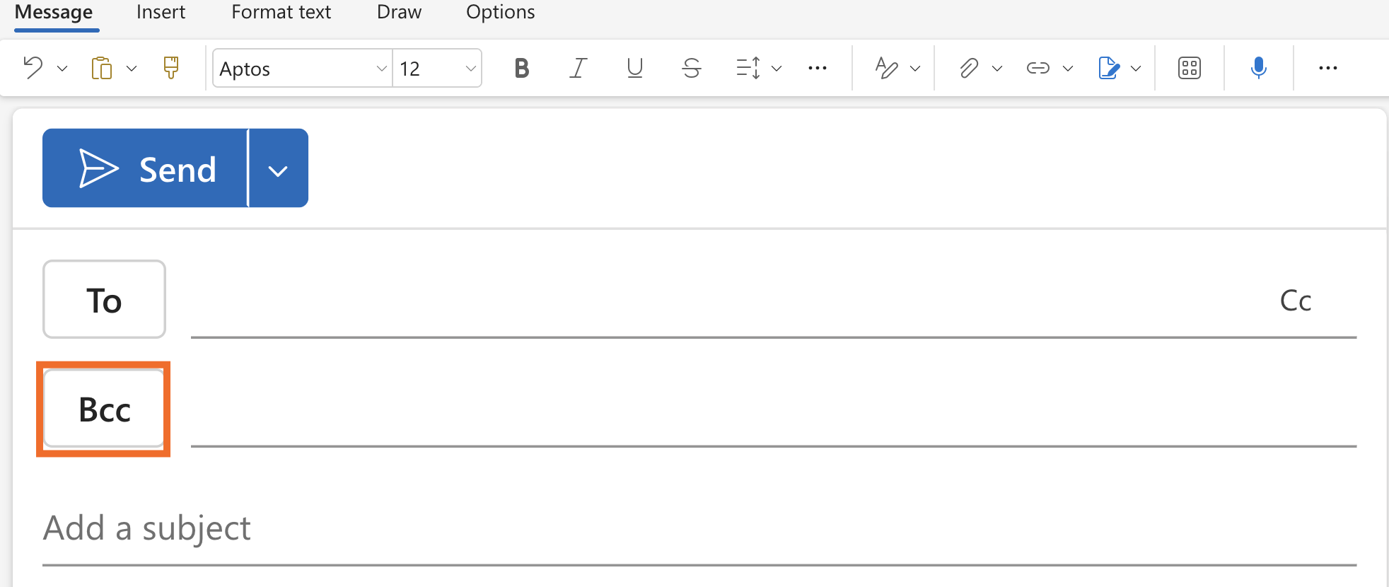 Screenshot showing where the BCC button is in Outlook.