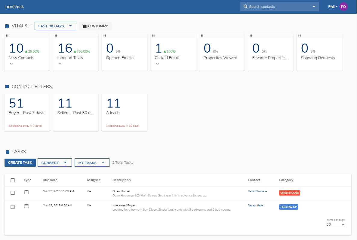 Screenshot of the LionDesk CRM interface