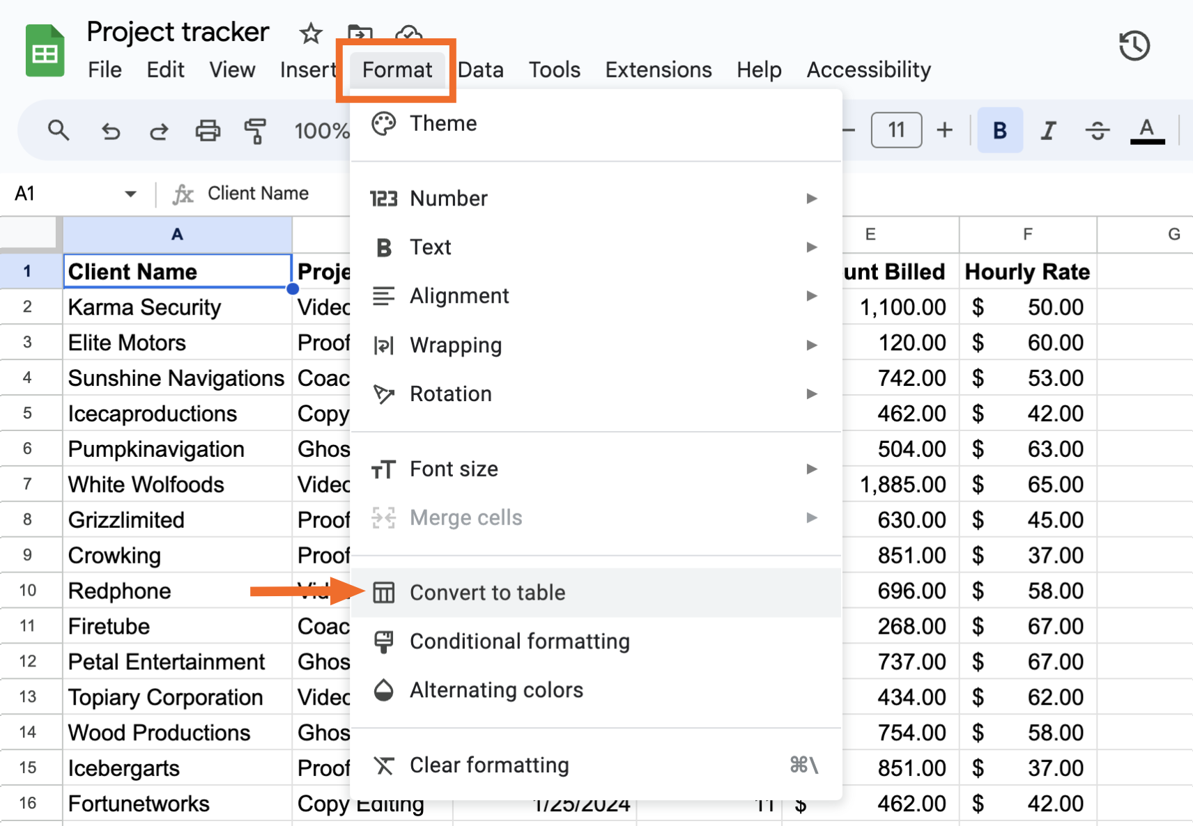 How to make a table in Google Sheets by converting existing data into a table. 