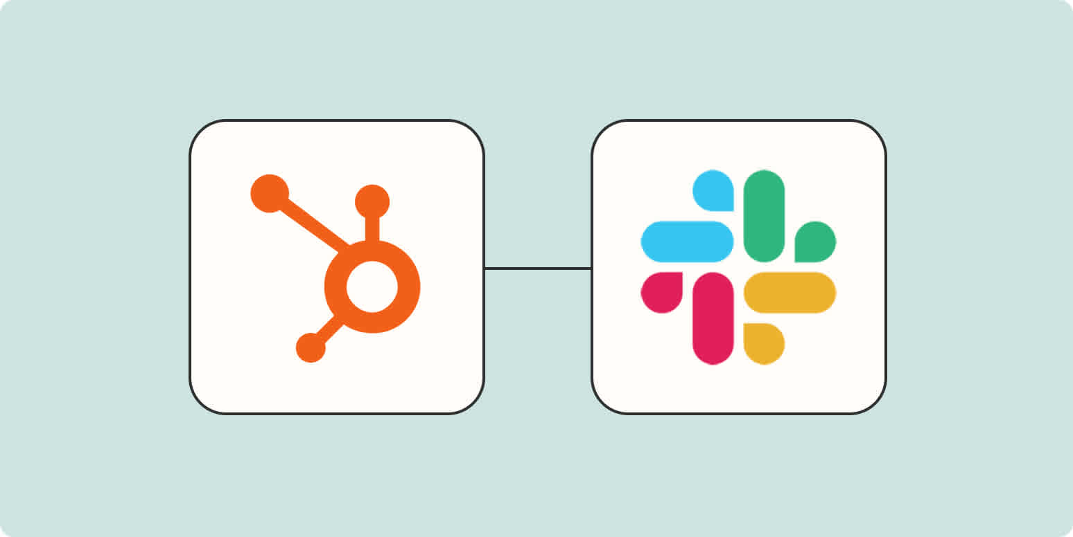 A hero image of the HubSpot app logo connected to the Slack app logo on a light blue background.