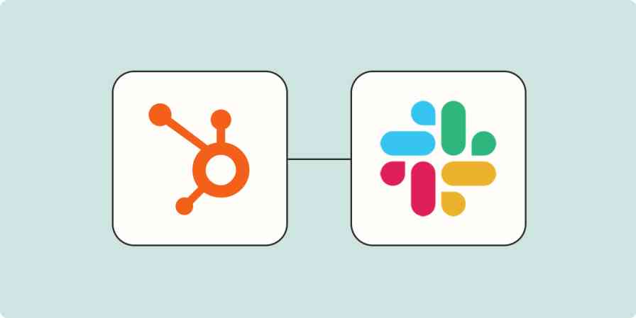 A hero image of the HubSpot app logo connected to the Slack app logo on a light blue background.