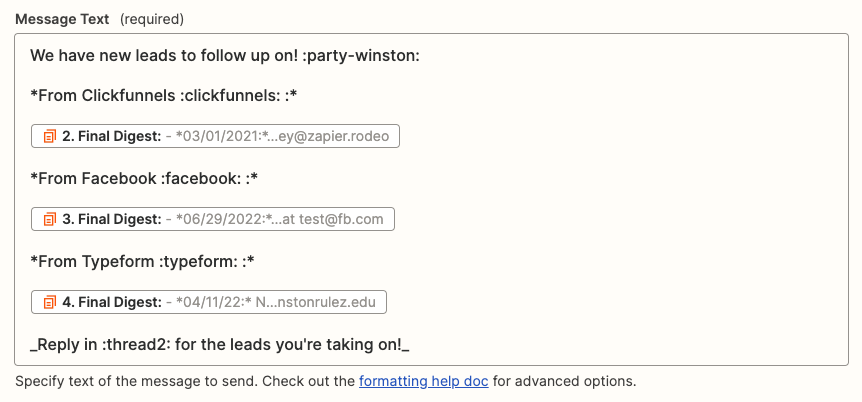 Customizing the "Message Text" field, which contains a mix of static text and dynamic fields from previous digest steps.