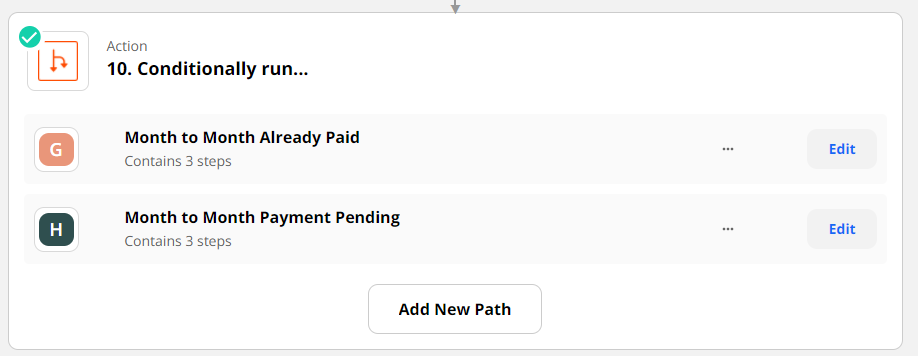 A screenshot of a path step in a Zap. One path is for contracts that are paid and the other for contracts with payment pending.