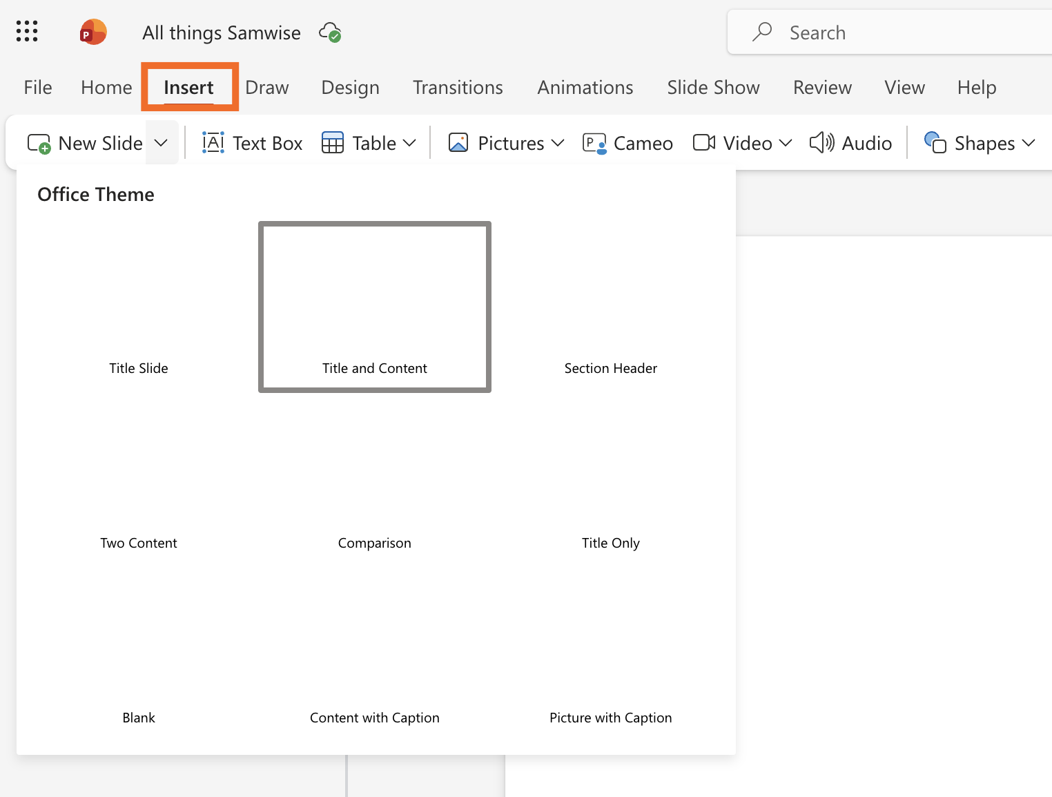 Expanded view of the insert new slide dropdown in PowerPoint. 